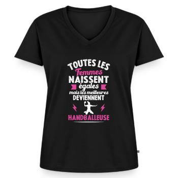 les meilleures femmes deviennent Handballeuse - T-shirt encolure en V Premium bio Femme - noir - Devant - AI Model Female 172 light (172cm)