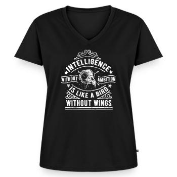 INTELLIGENZ OHNE EHRGEIZ - Sprichwort Spruch Shirt - Frauen Premium Bio T-Shirt mit V-Ausschnitt - Schwarz - Vorne - AI Model Female 172 light (172cm)
