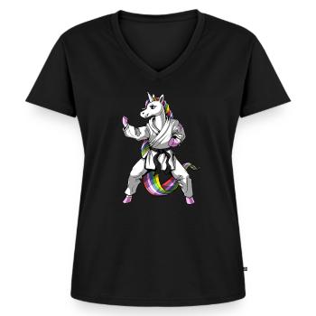 Einhorn Mädchen Karate - Frauen Premium Bio T-Shirt mit V-Ausschnitt - Schwarz - Vorne - AI Model Female 172 light (172cm)