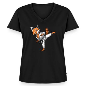 Roter Panda Bär Karate Ninja - Frauen Premium Bio T-Shirt mit V-Ausschnitt - Schwarz - Vorne - AI Model Female 172 light (172cm)