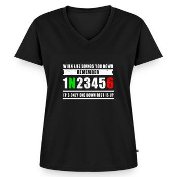 Motorrad 1N23456 Motorradschaltung Motorradfahrer - Frauen Premium Bio T-Shirt mit V-Ausschnitt - Schwarz - Vorne - AI Model Female 172 light (172cm)
