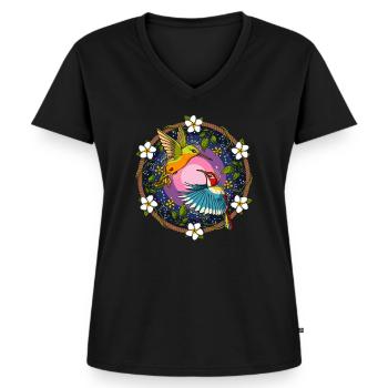 Ayahuasca Kolibris - Frauen Premium Bio T-Shirt mit V-Ausschnitt - Schwarz - Vorne - AI Model Female 172 light (172cm)