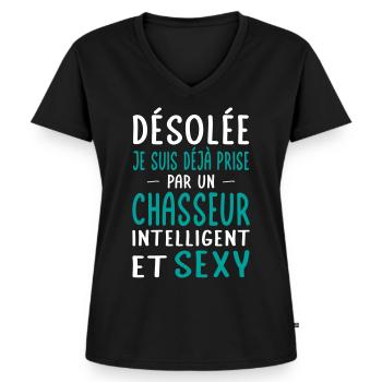 Désolée déjà prise par un chasseur sexy - T-shirt encolure en V Premium bio Femme - noir - Devant - AI Model Female 172 light (172cm)