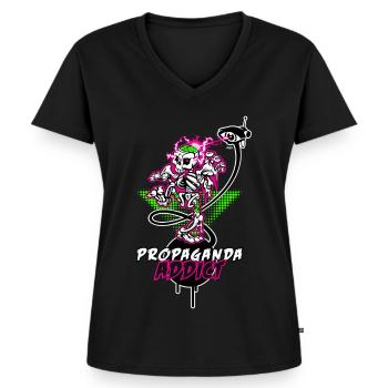 Propaganda Addict - Frauen Premium Bio T-Shirt mit V-Ausschnitt - Schwarz - Vorne - AI Model Female 172 light (172cm)