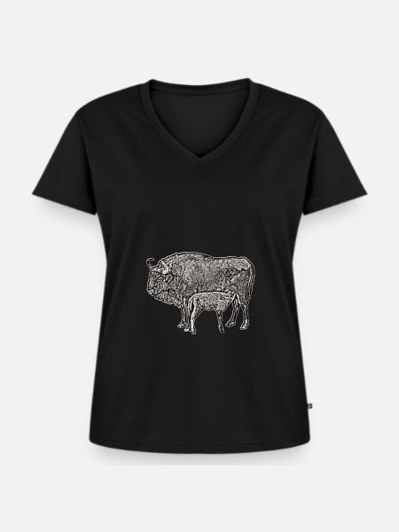 Bison mit Kalb sw - Frauen Premium Bio T-Shirt mit V-Ausschnitt - Schwarz