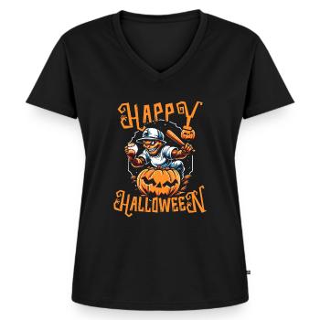 Baseball Halloween Süßes oder Saures Baseballspieler - Frauen Premium Bio T-Shirt mit V-Ausschnitt - Schwarz - Vorne - AI Model Female 172 light (172cm)