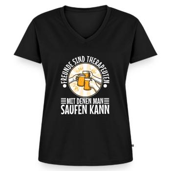 Freunde sind Therapeuten mit denen man saufen kann - Frauen Premium Bio T-Shirt mit V-Ausschnitt - Schwarz - Vorne - AI Model Female 172 light (172cm)