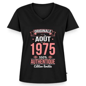 Anniversaire 50 ans - Originale - Août 1975 - T-shirt encolure en V Premium bio Femme - noir - Devant - AI Model Female 172 light (172cm)