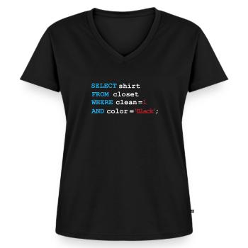 Developer Devops morning routine SQL Select - Women's Premium Organic V-neck T-shirt - black - Front - AI Model Female 172 light (172cm)