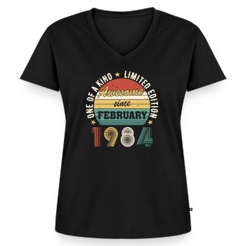 Awesome since February 1984 - Frauen Premium Bio T-Shirt mit V-Ausschnitt - Schwarz - Vorne - AI Model Female 172 light (172cm)