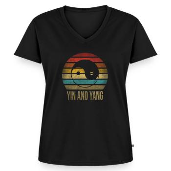Taosim Yin & Yang Zen Retro Coucher de soleil - T-shirt encolure en V Premium bio Femme - noir - Devant - AI Model Female 172 light (172cm)