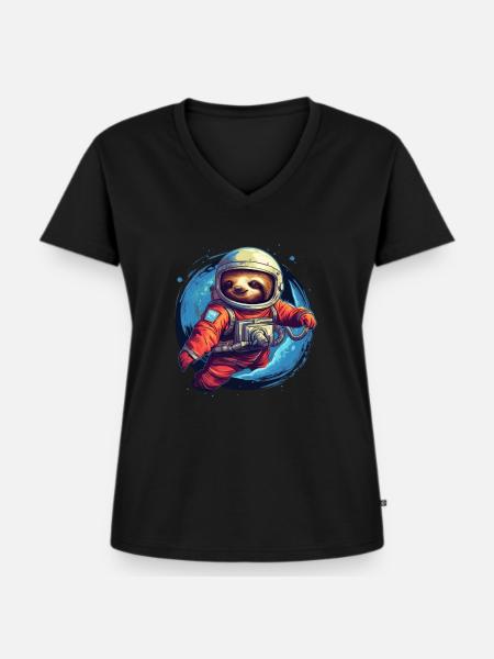 Faultier im All - Frauen Premium Bio T-Shirt mit V-Ausschnitt - Schwarz