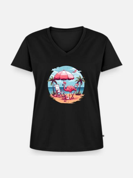 Flamingo am Strand - Frauen Premium Bio T-Shirt mit V-Ausschnitt - Schwarz