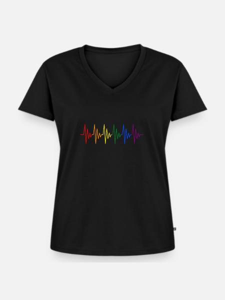 Regenbogen Herzschlag - Frauen Premium Bio T-Shirt mit V-Ausschnitt - Schwarz