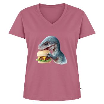 Cheeseburger Dinosauerier - Frauen Premium Bio T-Shirt mit V-Ausschnitt - Mauve - Vorne - AI Model Female 172 dark (172cm)