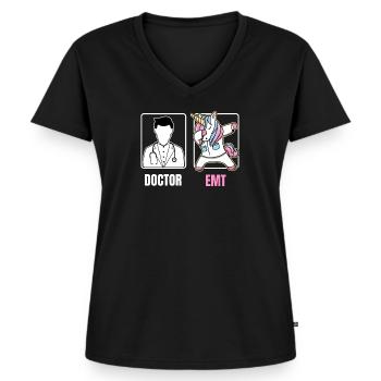 EMT, das lustigen langweiligen Doktor Quote Fun des Einhorns betupft - Frauen Premium Bio T-Shirt mit V-Ausschnitt - Schwarz - Vorne - AI Model Female 172 light (172cm)