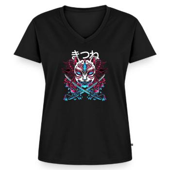 Japanischer Dämon Katzenstil Mit Katana Schwertern - Frauen Premium Bio T-Shirt mit V-Ausschnitt - Schwarz - Vorne - AI Model Female 172 light (172cm)