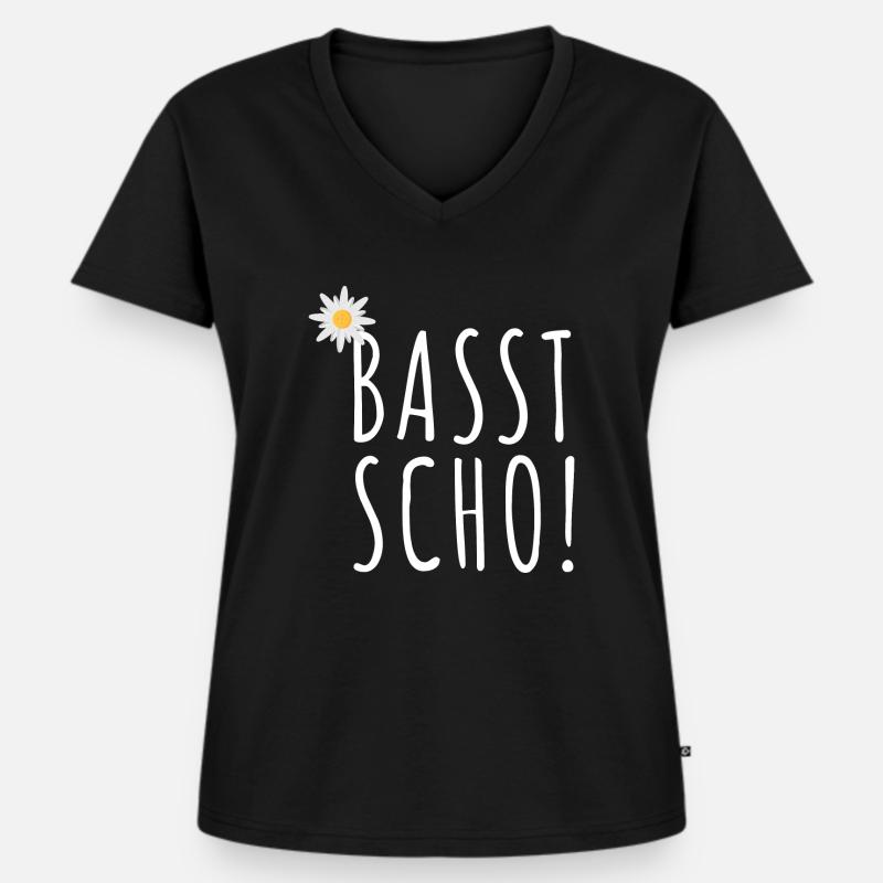 Basst Scho | Trachten Hirsch - Frauen Premium Bio T-Shirt mit V-Ausschnitt - Schwarz