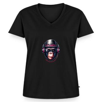 Cartoon Affe mit Kopfhöhrern Brille und Hut - Frauen Premium Bio T-Shirt mit V-Ausschnitt - Schwarz - Vorne - AI Model Female 172 light (172cm)