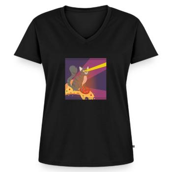 Cat Pussy Pizza Food Hunger Hangover Funny - Women's Premium Organic V-neck T-shirt - black - Front - AI Model Female 172 light (172cm)