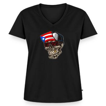 Cool Puerto Rico Skull With Cap and Boricua Flag - Women's Premium Organic V-neck T-shirt - black - Front - AI Model Female 172 light (172cm)