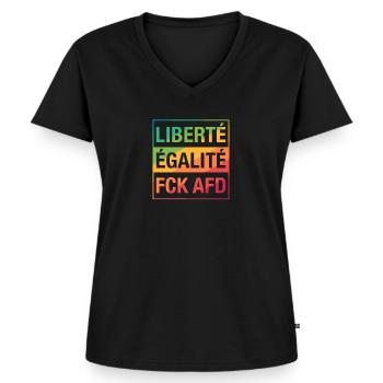 Liberté Égalité FCK AFD Shirt - Frauen Premium Bio T-Shirt mit V-Ausschnitt - Schwarz - Vorne - AI Model Female 172 light (172cm)