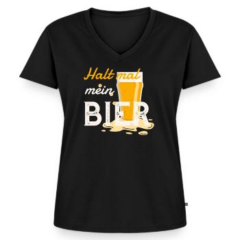 Lustiger Spruch: Halt mal mein Bier. - Frauen Premium Bio T-Shirt mit V-Ausschnitt - Schwarz - Vorne - AI Model Female 172 light (172cm)