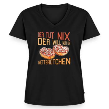 Mettbrötchen Mett Hackfleisch Hackepeter - Frauen Premium Bio T-Shirt mit V-Ausschnitt - Schwarz - Vorne - AI Model Female 172 light (172cm)