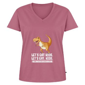 La pontuation Let’s Eat Kids sauve des vies Dino Saurus - T-shirt encolure en V Premium bio Femme - mauve - Devant - AI Model Female 172 dark (172cm)