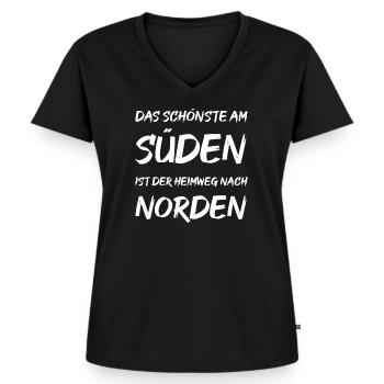 Das schönste am SÜDEN ist der Heimweg nach NORDEN - Frauen Premium Bio T-Shirt mit V-Ausschnitt - Schwarz - Vorne - AI Model Female 172 light (172cm)