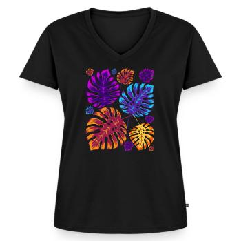 Plante d’intérieur Monstera Deliciosa Plante Monstera - T-shirt encolure en V Premium bio Femme - noir - Devant - AI Model Female 172 light (172cm)