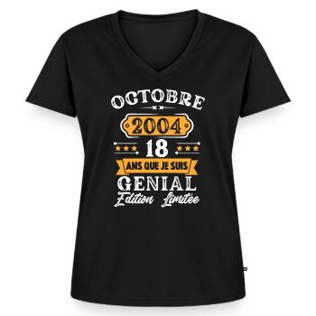 Cadeau D'anniversaire 18 Ans Octobre 2004 Rétro - T-shirt encolure en V Premium bio Femme - noir - Devant - AI Model Female 172 light (172cm)