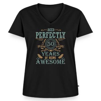 50 Birthday, Born 1972 - Women's Premium Organic V-neck T-shirt - black - Front - AI Model Female 172 light (172cm)