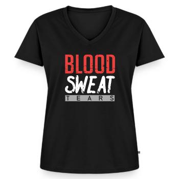 Blood Sweat and Tears - Frauen Premium Bio T-Shirt mit V-Ausschnitt - Schwarz - Vorne - AI Model Female 172 light (172cm)