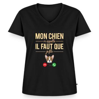 Mon Chien M'Appelle il Faut Que Je File Humour - T-shirt encolure en V Premium bio Femme - noir - Devant - AI Model Female 172 light (172cm)