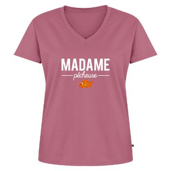 Madame pêcheuse femme pêche - T-shirt encolure en V Premium bio Femme - mauve - Devant - AI Model Female 172 dark (172cm)