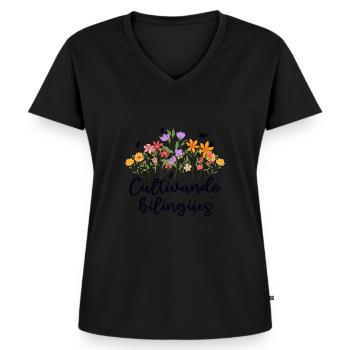 Cultivando Bilingües Spanischlehrer - Frauen Premium Bio T-Shirt mit V-Ausschnitt - Schwarz - Vorne - AI Model Female 172 light (172cm)
