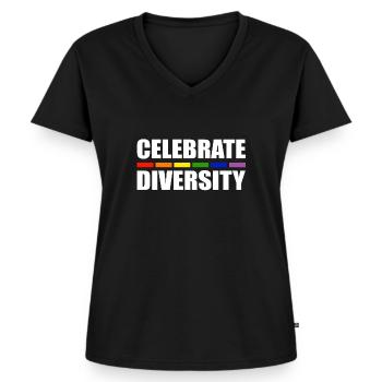 Celebrate Diversity LGBT CSD Gay Pride - Frauen Premium Bio T-Shirt mit V-Ausschnitt - Schwarz - Vorne - AI Model Female 172 light (172cm)