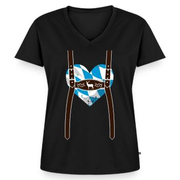 Lederhose & Bayern Flaggen Herz - Frauen Premium Bio T-Shirt mit V-Ausschnitt - Schwarz - Vorne - AI Model Female 172 light (172cm)