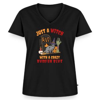 Mignon et effrayant chat d’Halloween bleu russe - T-shirt encolure en V Premium bio Femme - noir - Devant - AI Model Female 172 light (172cm)