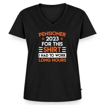 Retraités 2023 Retraite 2023 longues heures de travail - T-shirt encolure en V Premium bio Femme - noir - Devant - AI Model Female 172 light (172cm)