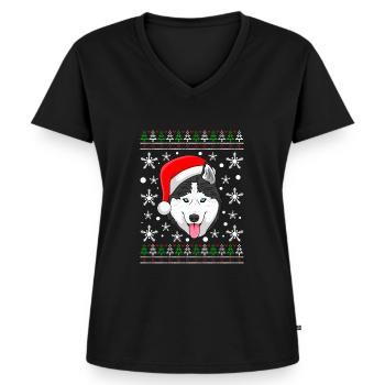 Ugly Christmas Husky Husky Besitzer Weihnachten - Frauen Premium Bio T-Shirt mit V-Ausschnitt - Schwarz - Vorne - AI Model Female 172 light (172cm)
