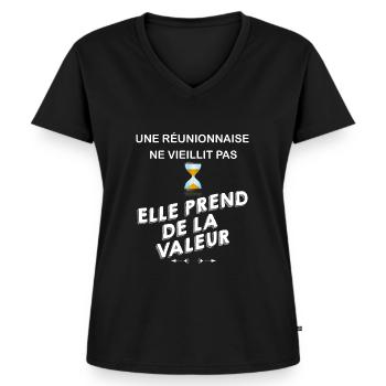 Réunionnaise Femme île La Réunion Citation Humour - T-shirt encolure en V Premium bio Femme - noir - Devant - AI Model Female 172 light (172cm)