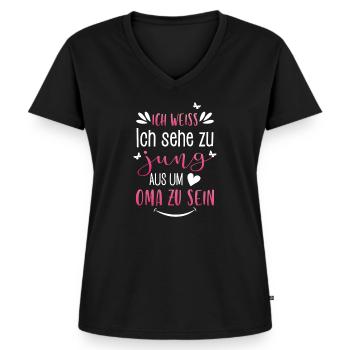 Ich weiss ich sehe zu jung aus um Oma zu sein - Frauen Premium Bio T-Shirt mit V-Ausschnitt - Schwarz - Vorne - AI Model Female 172 light (172cm)