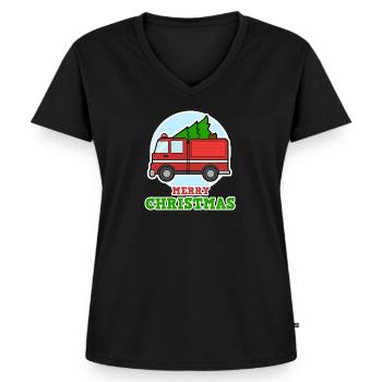 Feuerwehr für Weihnachten - Feuerwehrauto mit Tann - Frauen Premium Bio T-Shirt mit V-Ausschnitt - Schwarz - Vorne - AI Model Female 172 light (172cm)