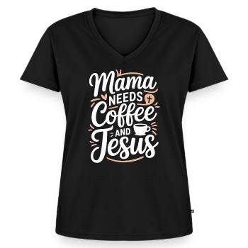 Mama Needs Coffee And Jesus Kaffee Und Glaube - Frauen Premium Bio T-Shirt mit V-Ausschnitt - Schwarz - Vorne - AI Model Female 172 light (172cm)