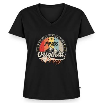 Mai 1986 | Anniversaire 1986 Vintage | May 1986 - T-shirt encolure en V Premium bio Femme - noir - Devant - AI Model Female 172 light (172cm)