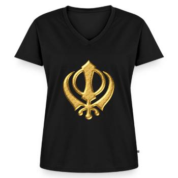 Khanda Sikh Symbol Schwerter Religion Sikhismus - Frauen Premium Bio T-Shirt mit V-Ausschnitt - Schwarz - Vorne - AI Model Female 172 light (172cm)