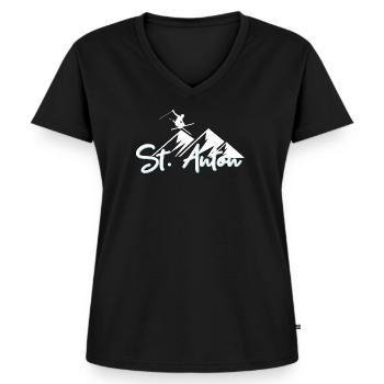St. Anton - Frauen Premium Bio T-Shirt mit V-Ausschnitt - Schwarz - Vorne - AI Model Female 172 light (172cm)