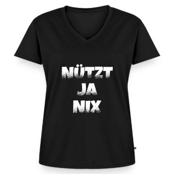 Nützt ja nix! Morgenmuffel Lustig Arbeiter Spruch - Frauen Premium Bio T-Shirt mit V-Ausschnitt - Schwarz - Vorne - AI Model Female 172 light (172cm)